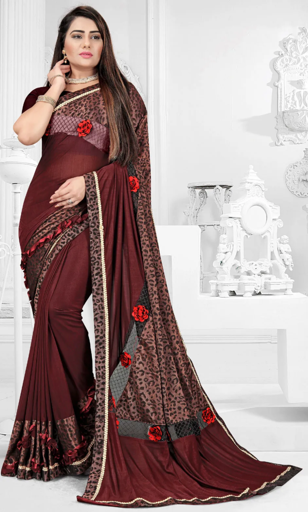 lycra-party-wear-saree-maroon-with-lace-work